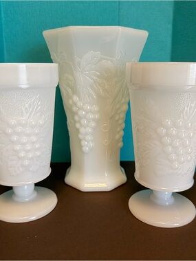 Vintage White Milk Glass Grape Pattern Vase & Pedestal Cups Set